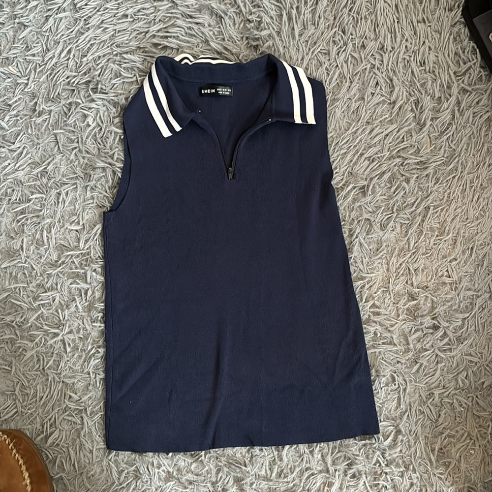 SHEIN Navy Blue Sleeveless Polo Tank Top with White Trim - Picture 7 of 9